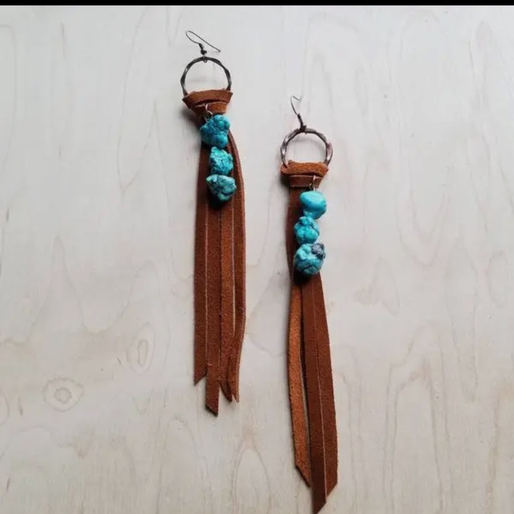 Turquoise mixed with geniune suede leather earrings
